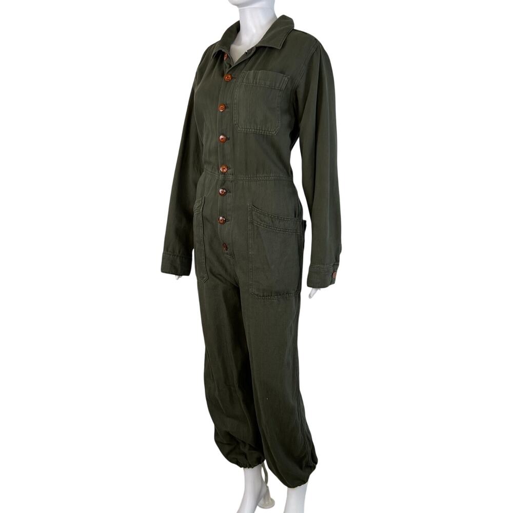 Free People Green Long Sleeve Collared Button Down Straight Leg Jumpsuit (M)